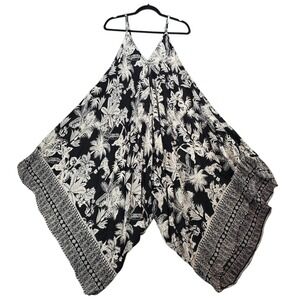 Angie Black Cream Tropical Tiger Print Wide Leg Harem Jumpsuit Romper‎ Boho sz S